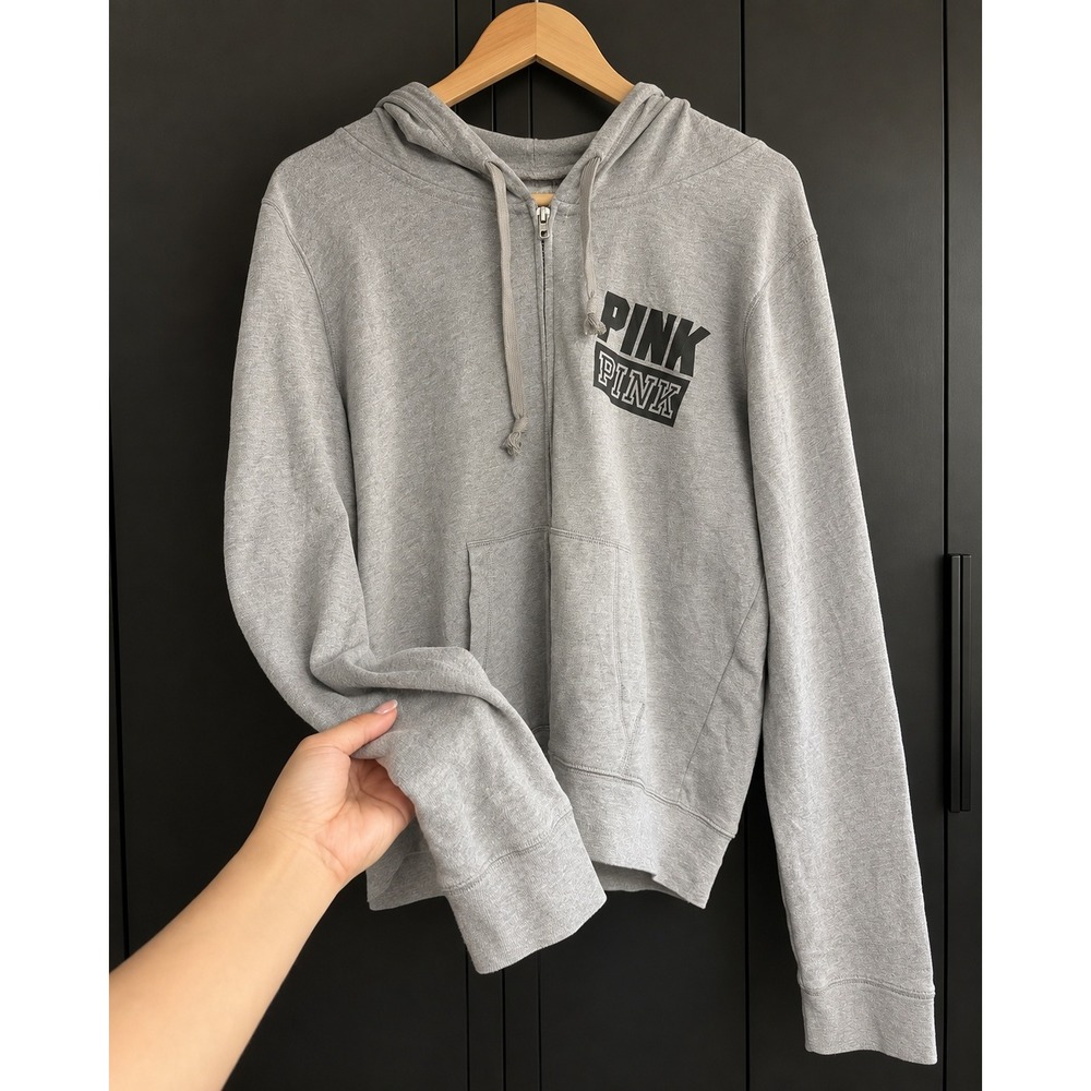 Victorias Secret PINK Zip Up Hoodie Heather Gray Logo Sweatshirt Womens Large